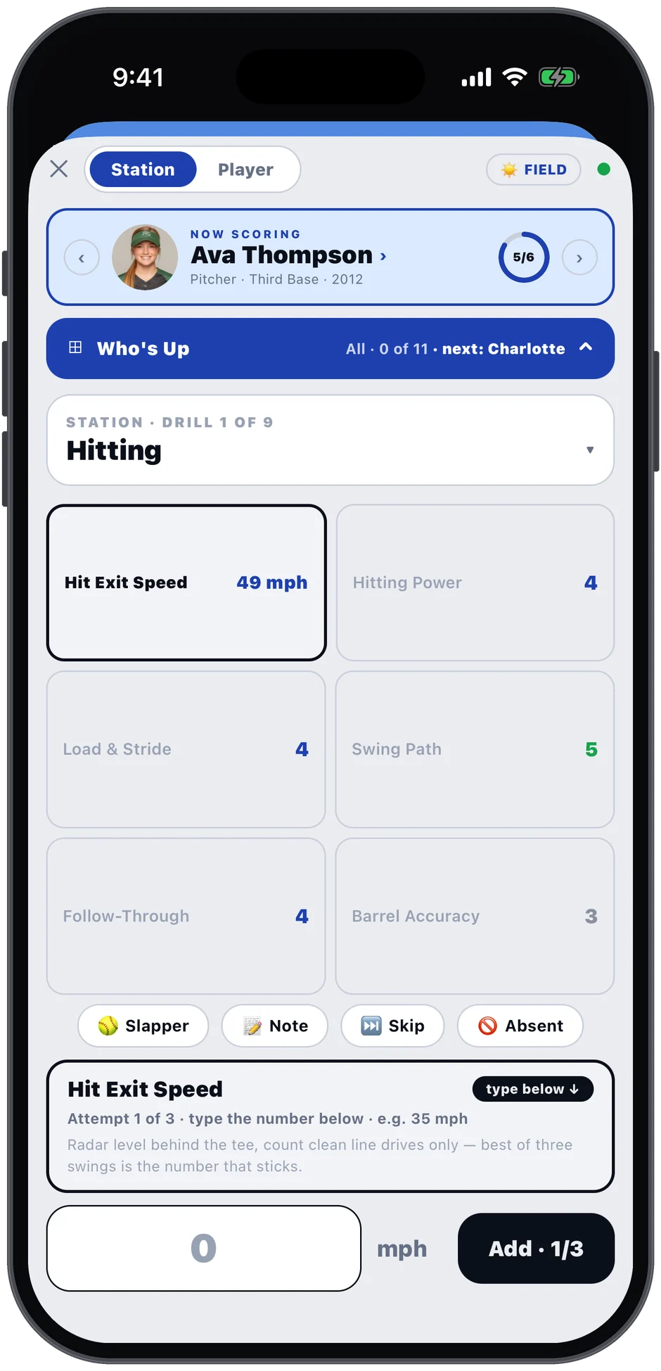 The live scoring console in field mode — skill tiles scored, 49 mph exit speed