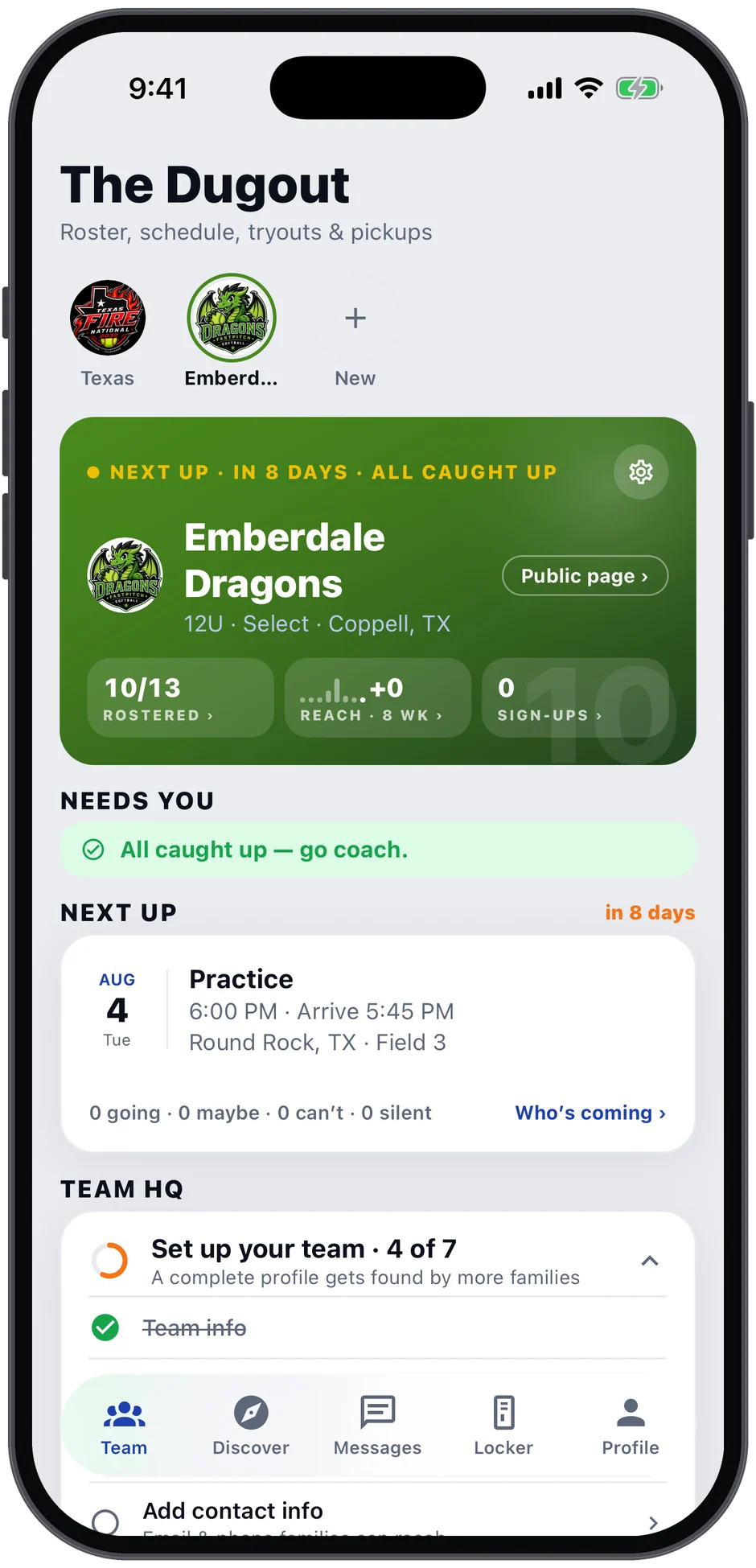 The Dugout — a coach’s team command center, all caught up with the next practice on deck