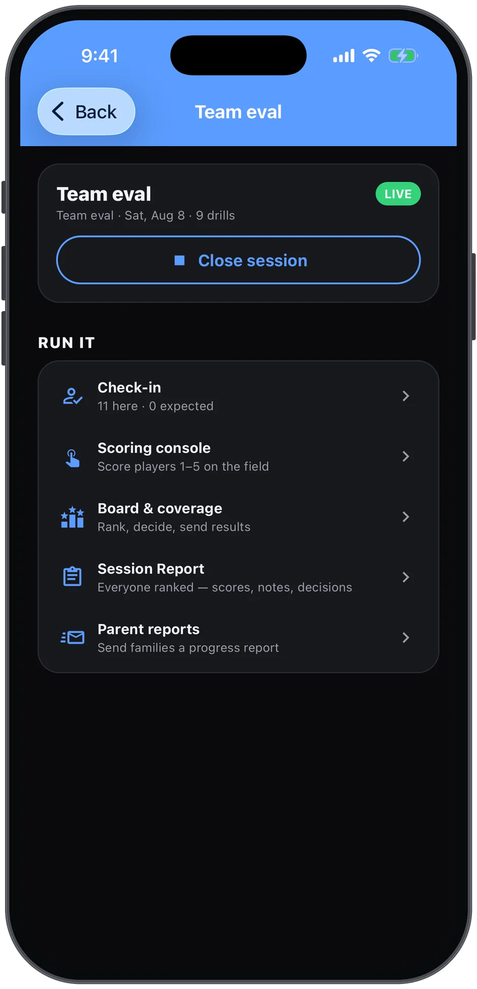 A live eval session — check-in showing 11 here, plus the console, board and reports