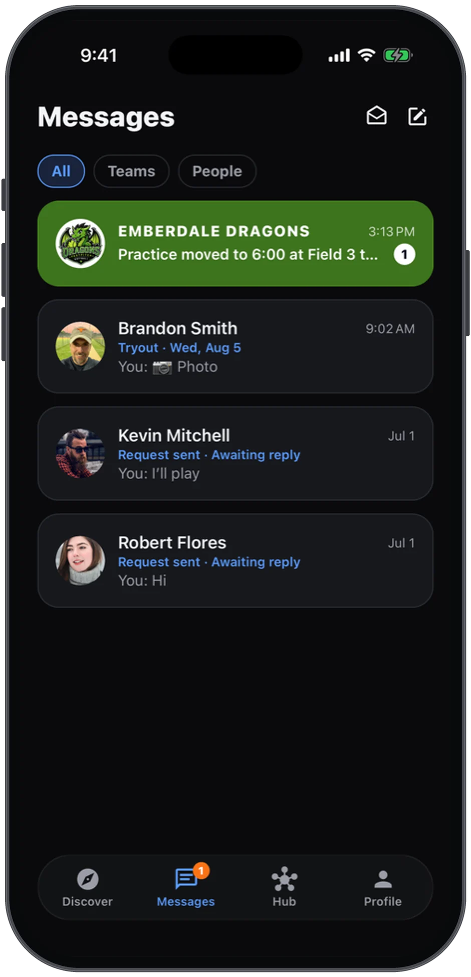 Team messages in Athlio — a team thread plus separate family requests