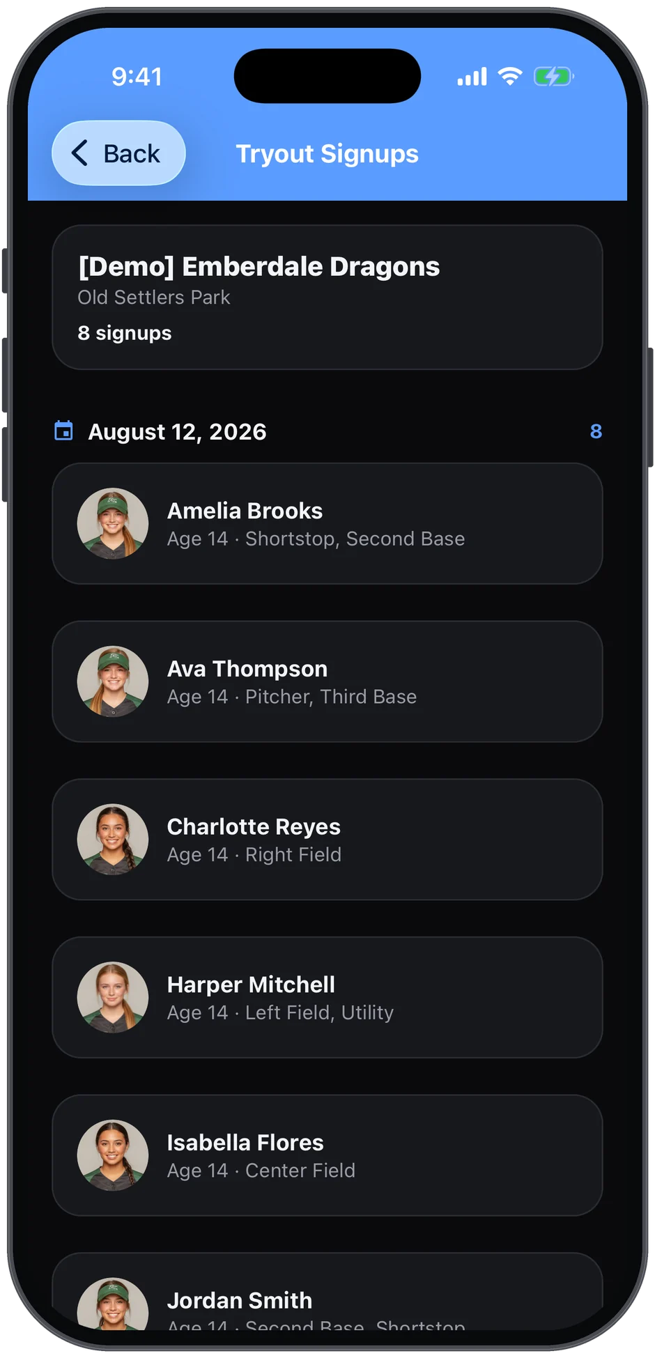 Tryout sign-ups — eight players with ages and positions, grouped by session date