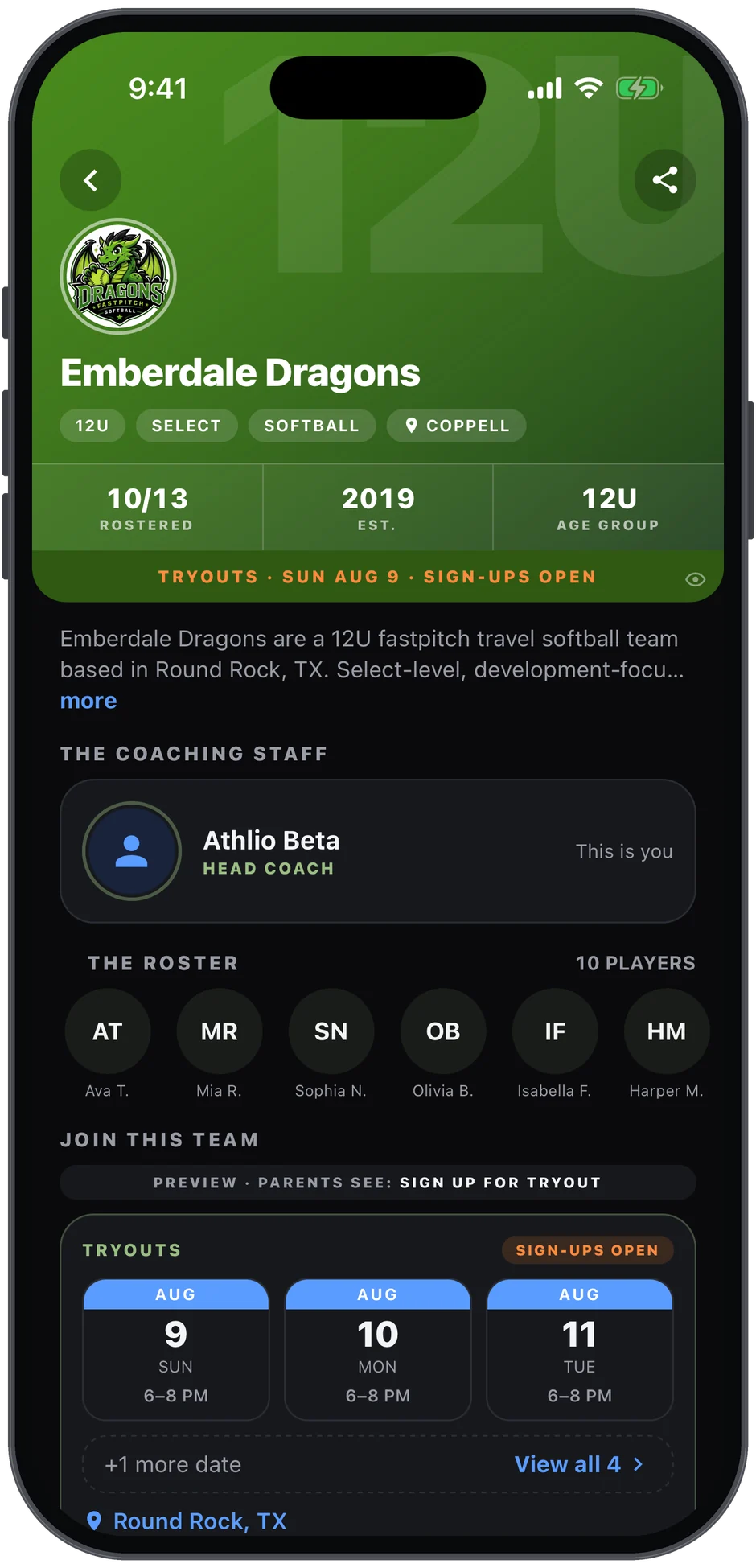 A public Athlio team page with tryout dates and sign-ups open