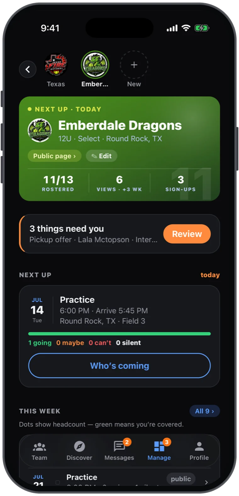 The Athlio Dugout — team dashboard with roster count, page views, sign-ups and tonight’s attendance