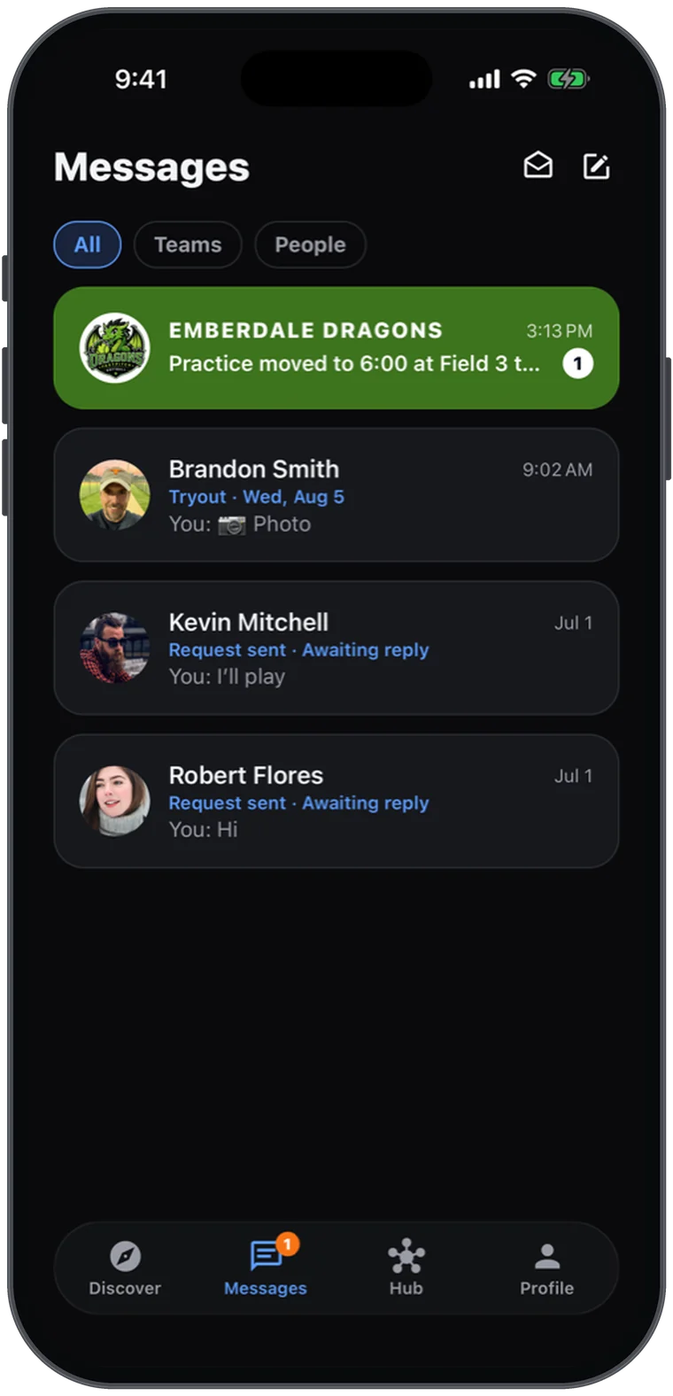 Athlio Messages — a team chat, direct messages and message requests in one inbox