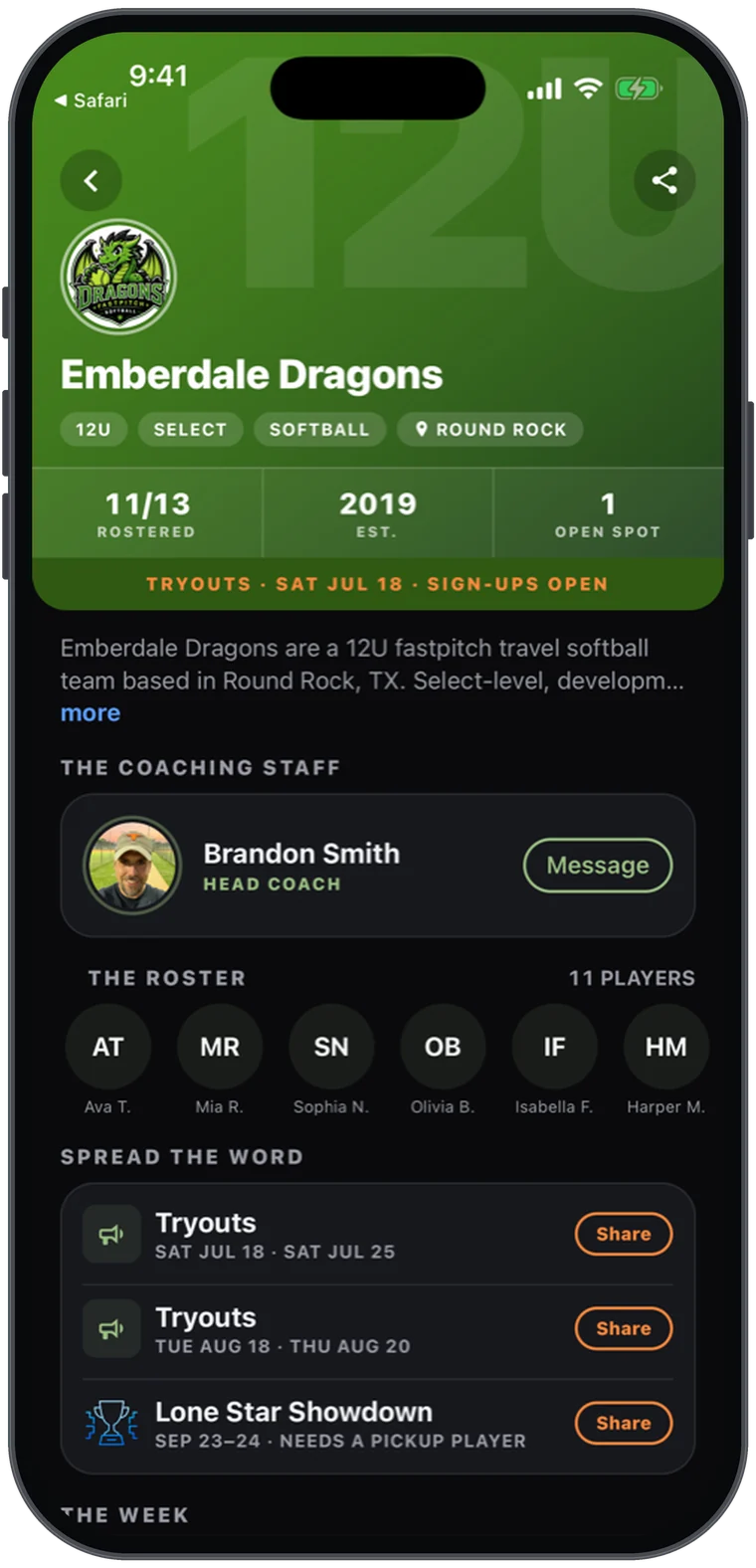 A public team page in Athlio — roster count, open spots, coaching staff and shareable tryout dates