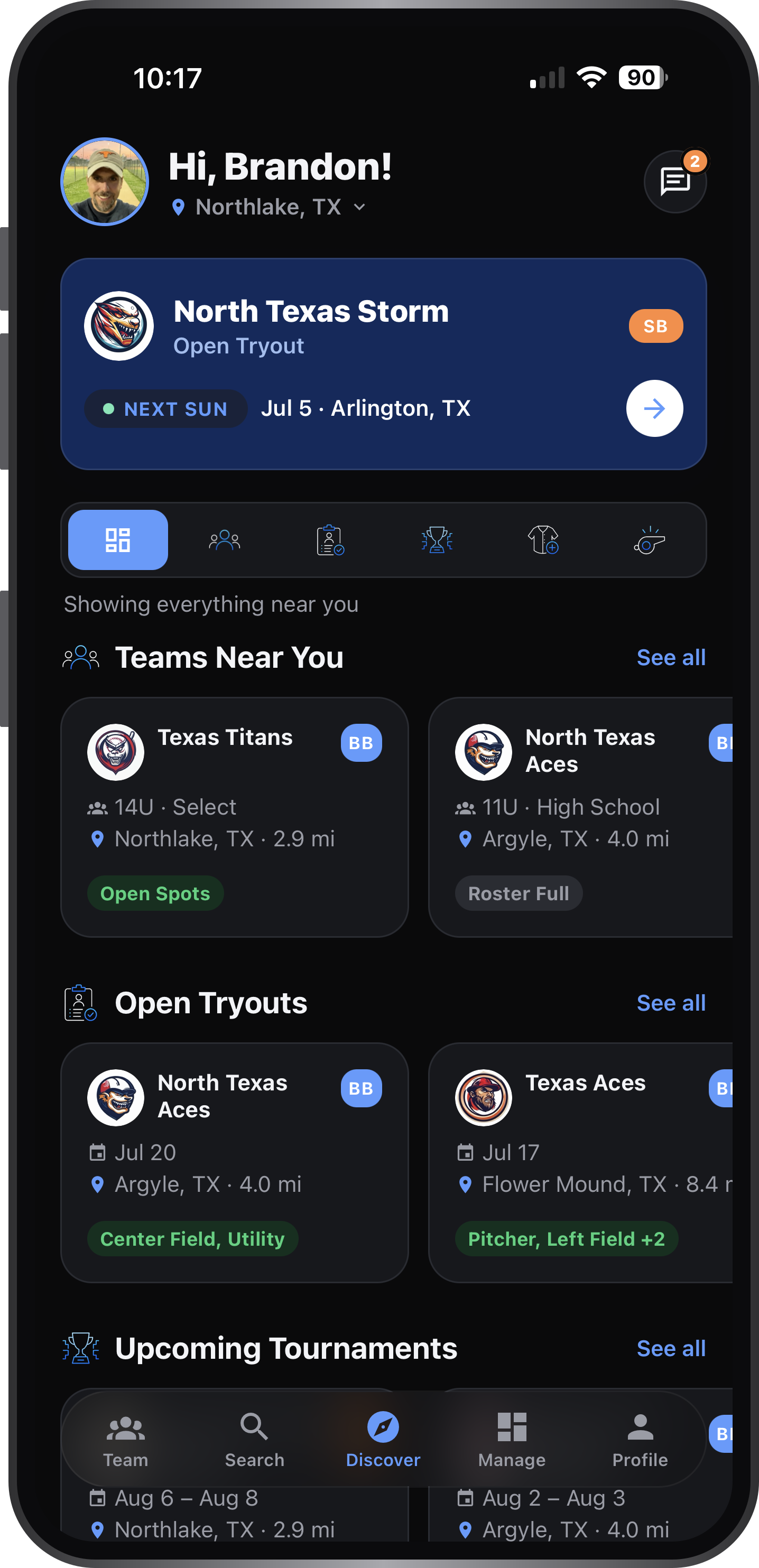 Athlio app home screen — teams, tryouts and tournaments near you