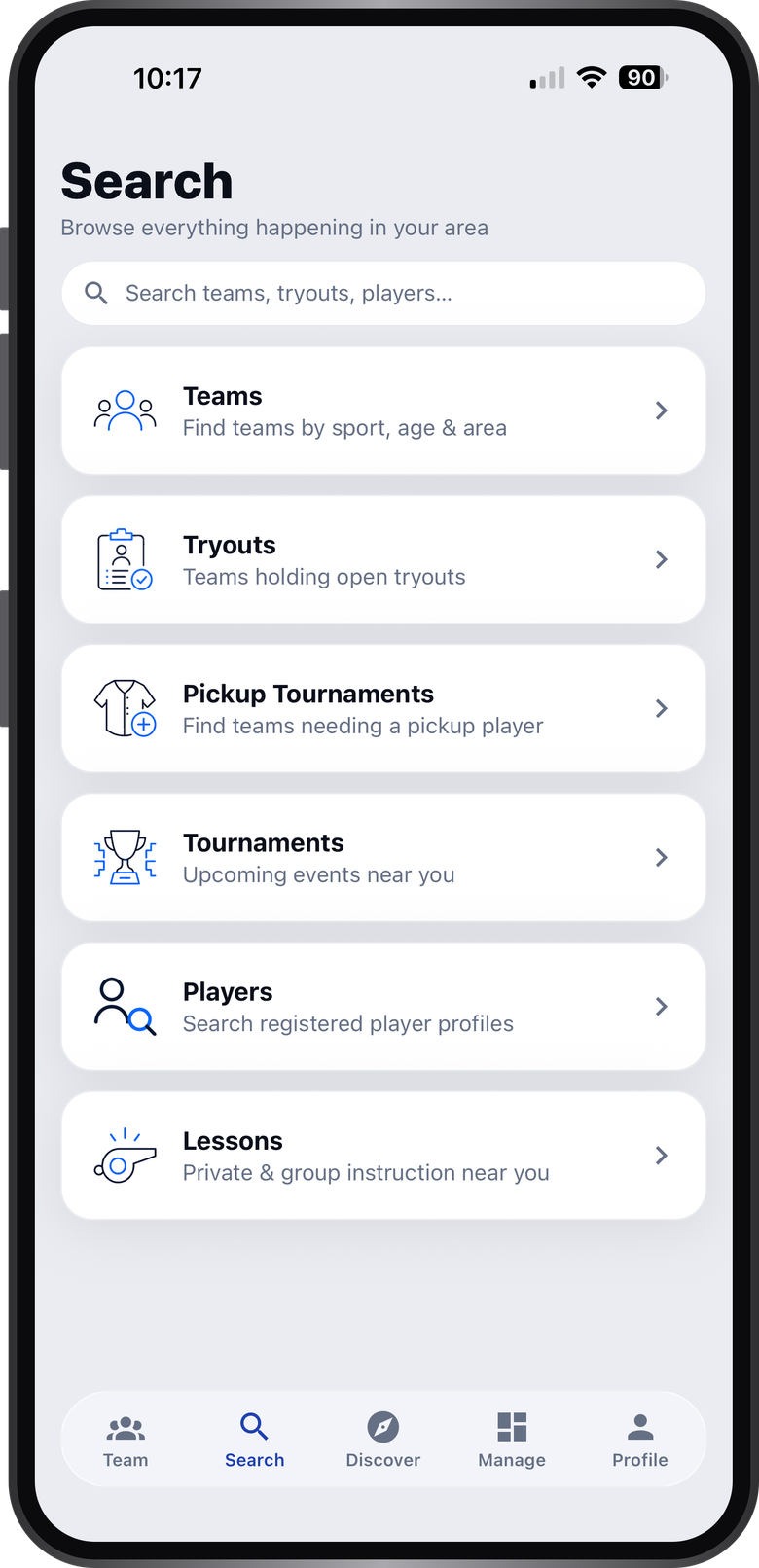 Athlio search — find teams, tryouts, pickups, tournaments, players and lessons